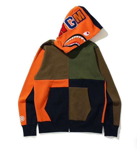 Bape Multi Color Orange Patchwork Orange Shark Full Zip Hoodie